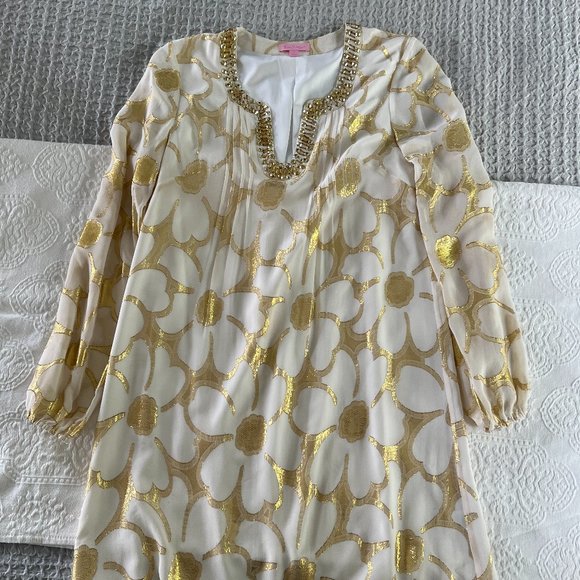 COPY - Lilly Pulitzer Gold Metallic SILK and LINED Floral Mini Dress - Picture 2 of 4